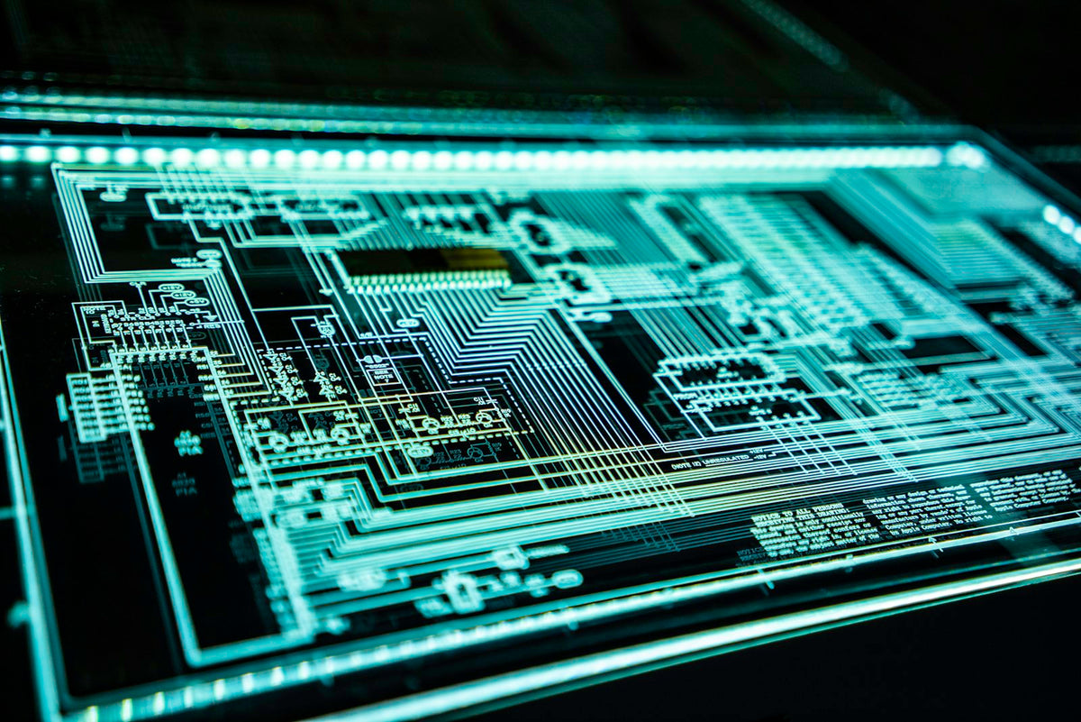 Blue technology circuit pattern representing semiconductor manufacturing