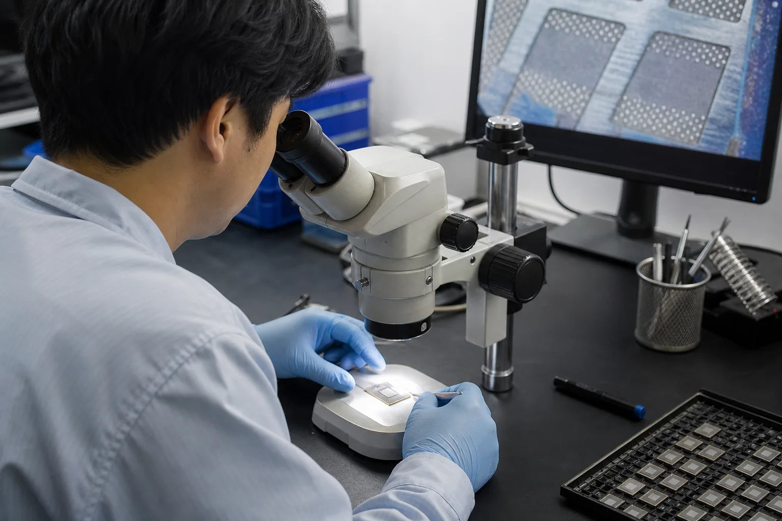 Composant électronique sous inspection au microscope avant expédition