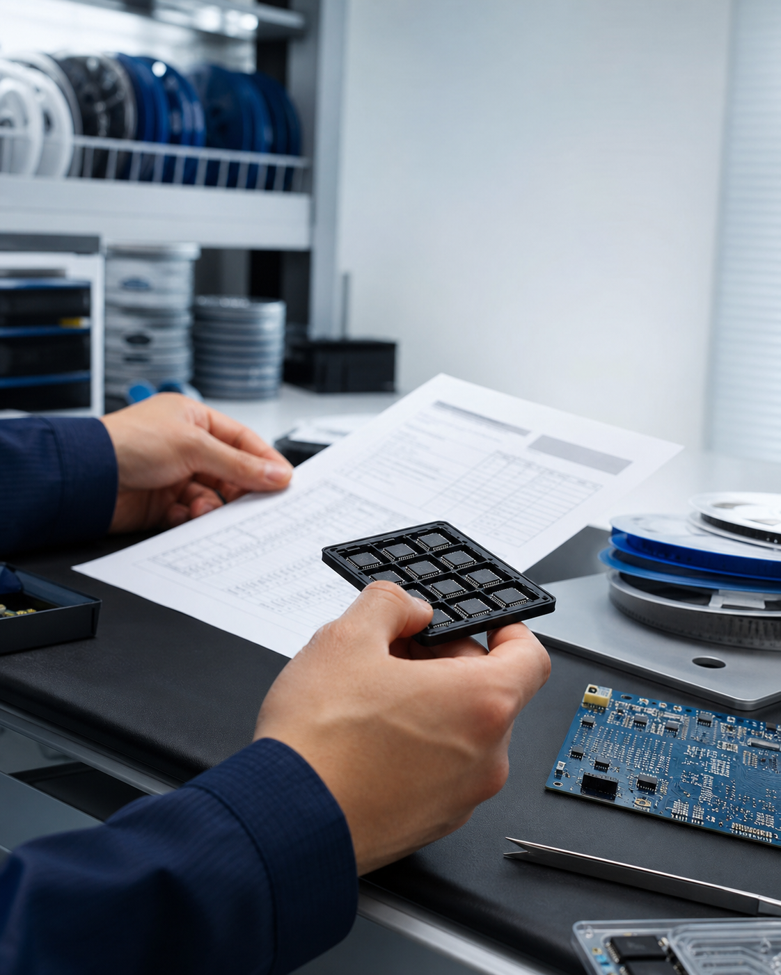 Especialista en abastecimiento de componentes que revisa semiconductores y requisitos técnicos.